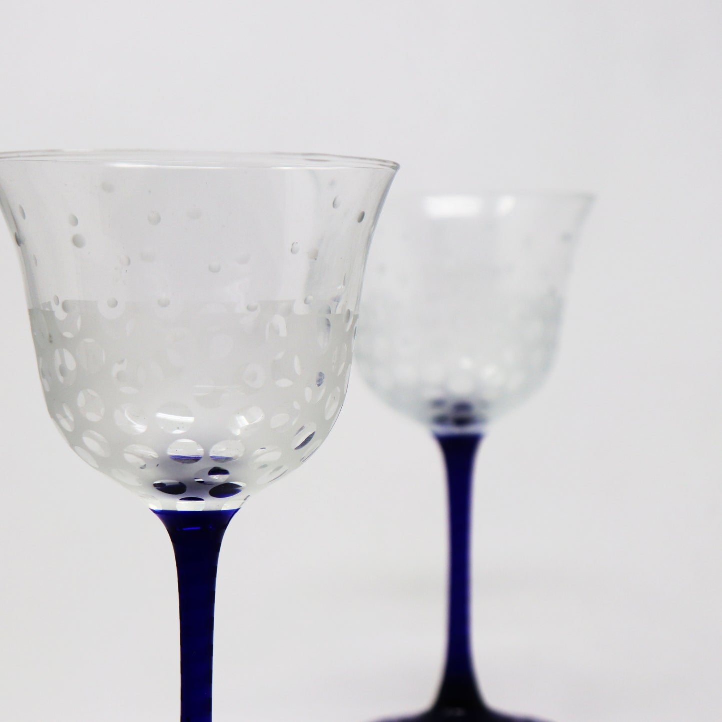 Polka Dot Blue Stem Schott Crystal Goblets (Pair)