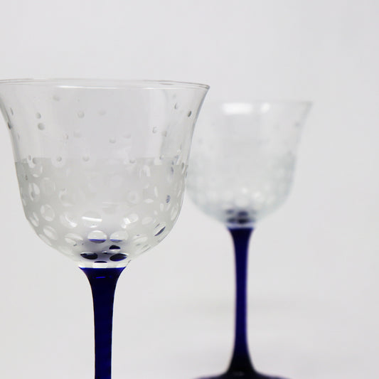 Polka Dot Blue Stem Schott Crystal Goblets (Pair)